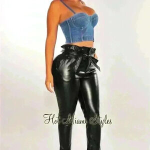 Black Faux Leather Paperbag Belted Pants